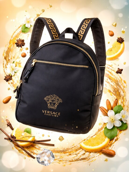 Versace Handbags - Versace Parfums Black Backpack with Gold Medusa Logo